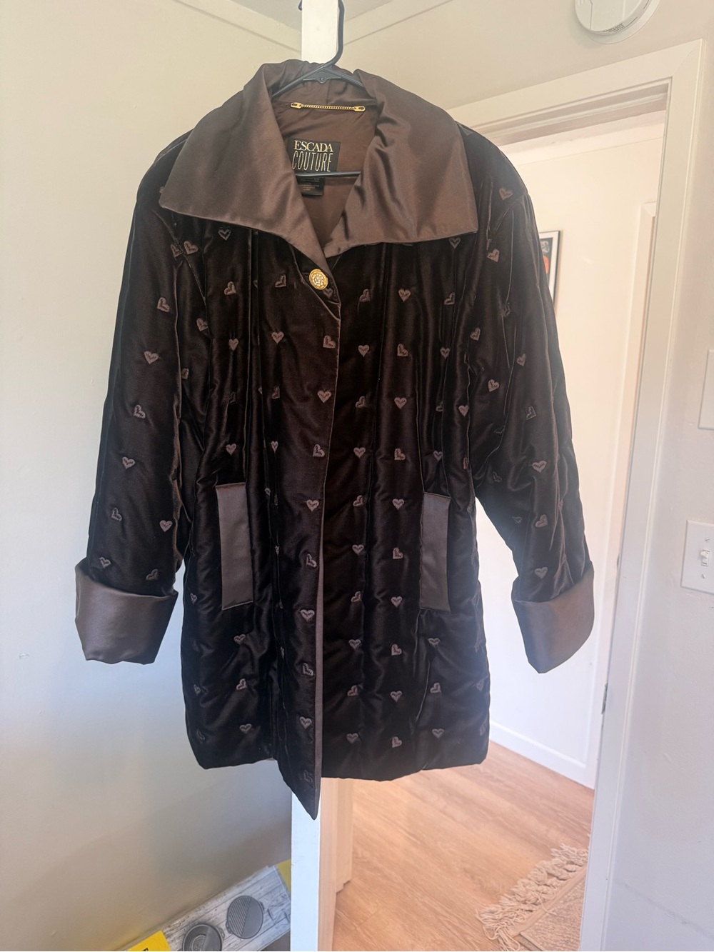 Escada Brown Velvet Quilted Puffer Coat with Heart Motif